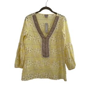 Chicos Beaded Neck Eyelet Blouse Lemon Meringue Yellow Size 0 XS S